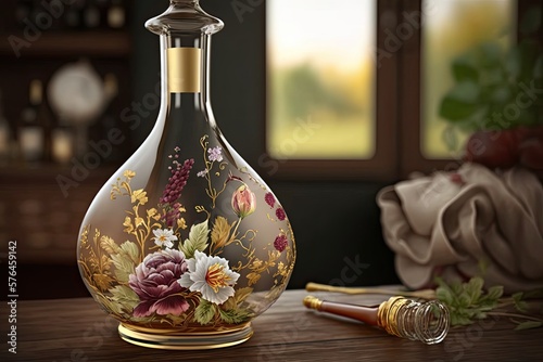 elegant wine carafe decorated with flowers on table decanter with wine, created with generative ai photo