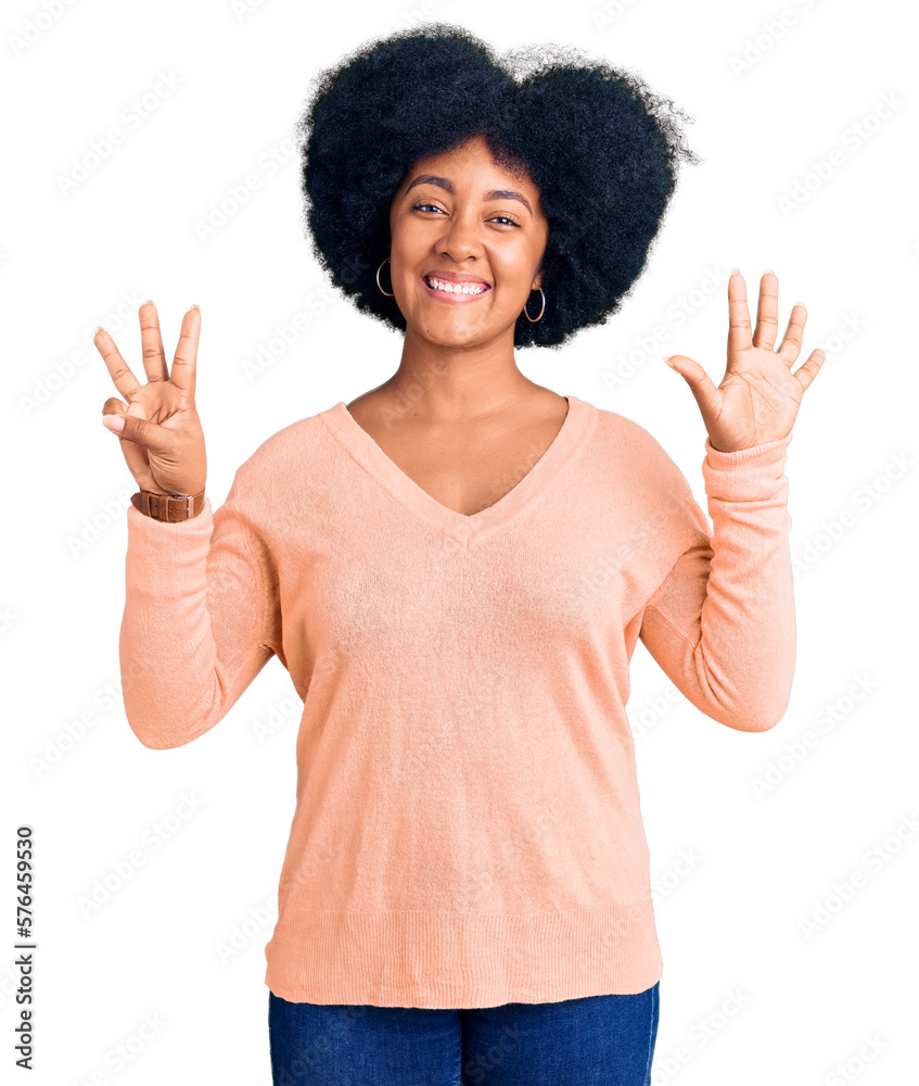 Young african american girl wearing casual clothes showing and pointing up with fingers number eight while smiling confident and happy. Young african american girl wearing casual clothes showing and pointing up with fingers number eight while smiling confident and happy.