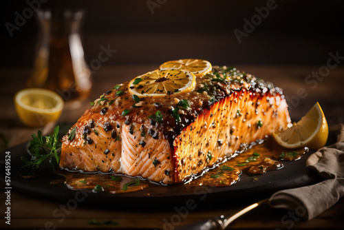 Illustration of a delicious Salmon baked with Honey Garlic Butter. High nutrient seafood ftom Norway. Generative AI