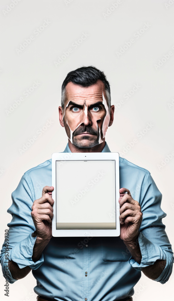 Man in a blue shirt holding a tablet in front of his body while his face is peeling off Man in a blue shirt holding a tablet in front of his body while his face is peeling off