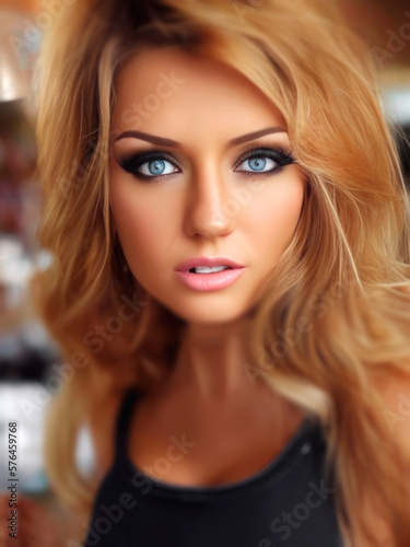 Portrait of a stylish girl with blue eyes and long smooth blonde hair wearing perfect make-up