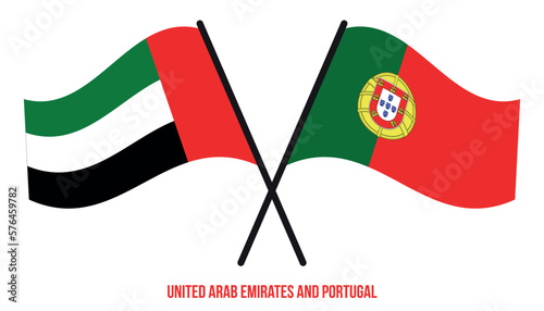 United Arab Emirates and Portugal Flags Crossed And Waving Flat Style. Official Proportion.