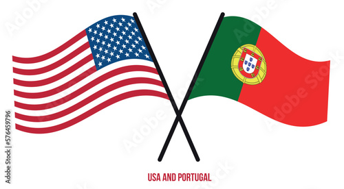 USA and Portugal Flags Crossed And Waving Flat Style. Official Proportion. Correct Colors.