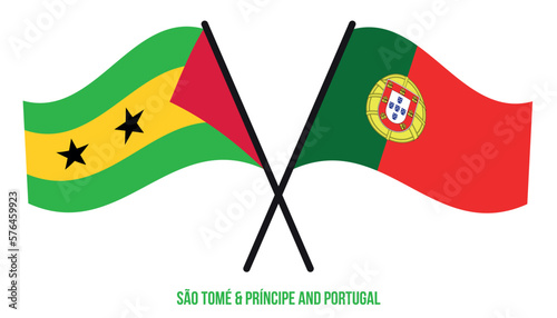 Sao Tome and Portugal Flags Crossed And Waving Flat Style. Official Proportion. Correct Colors.