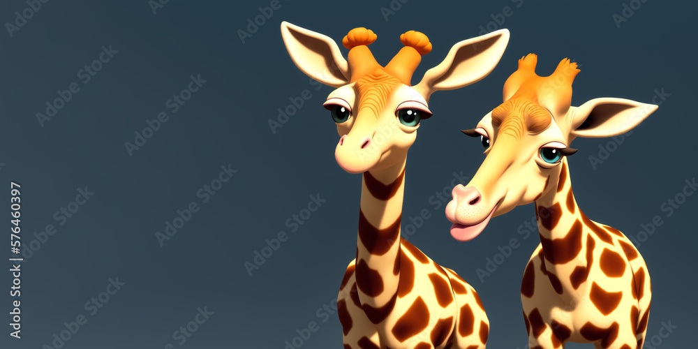Two Giraffe portrait on a dark background, Generative AI illustration