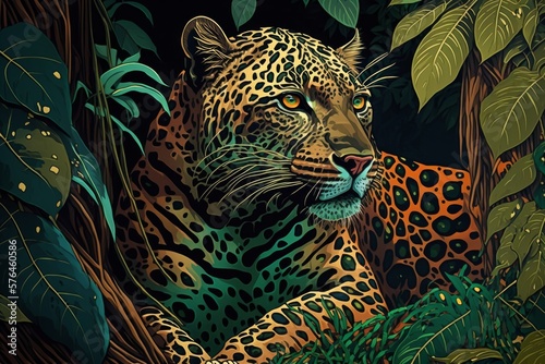 Jungle Leopard Jaguar Colorful Animal Tropical Wildlife Background Generative AI