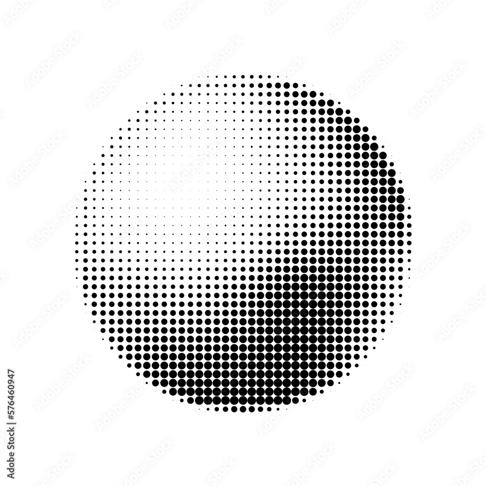 Halftone design element, circular halftone dot pattern. Specks, vector circle gradient. Modern circle design in polygraphic style. Printing pattern.