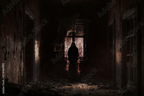 Mysterious shadow of a woman in an abandoned house, Generative AI. Female silhouette in abandoned house. Halloween background for banner, poster or invintation. Fean and evil concept.
