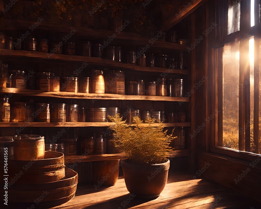 Fototapeta premium Moody soft room with window light, plants and jars on shelf, library, Generative AI