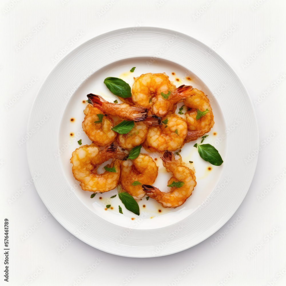 top view gourmet fried shrimp dish on the plate on white background top view gourmet fried shrimp dish on the plate on white background
