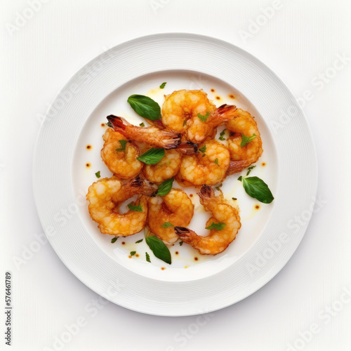 top view gourmet fried shrimp dish on the plate on white background