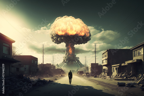 Explosion nuclear bomb in the city, Generative AI. Nuclear bomb danger concept. Nuclear apocalypce background. Atomic armageddon concept. photo