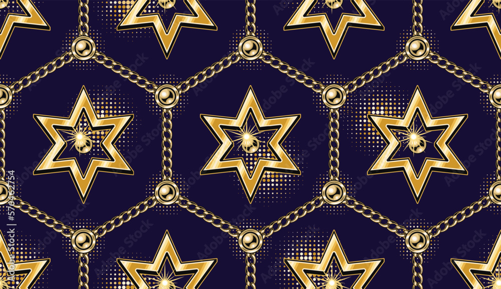 Seamless geometric pattern with hexagonal grid with golden chains, shiny stars, halftone shapes on dark blue background. Vector illustration in vintage style.