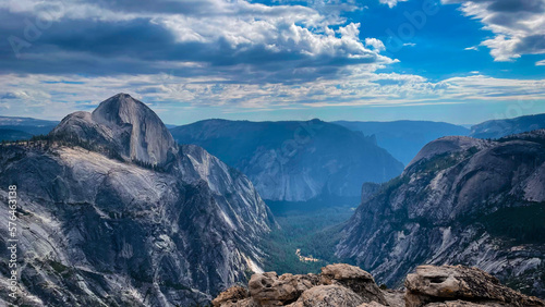 View into Yosemite Valley with Half Dome and El Capitan