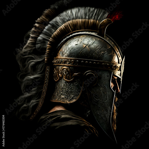 Fototapeta Spartan Warrior in a Helmet on black background