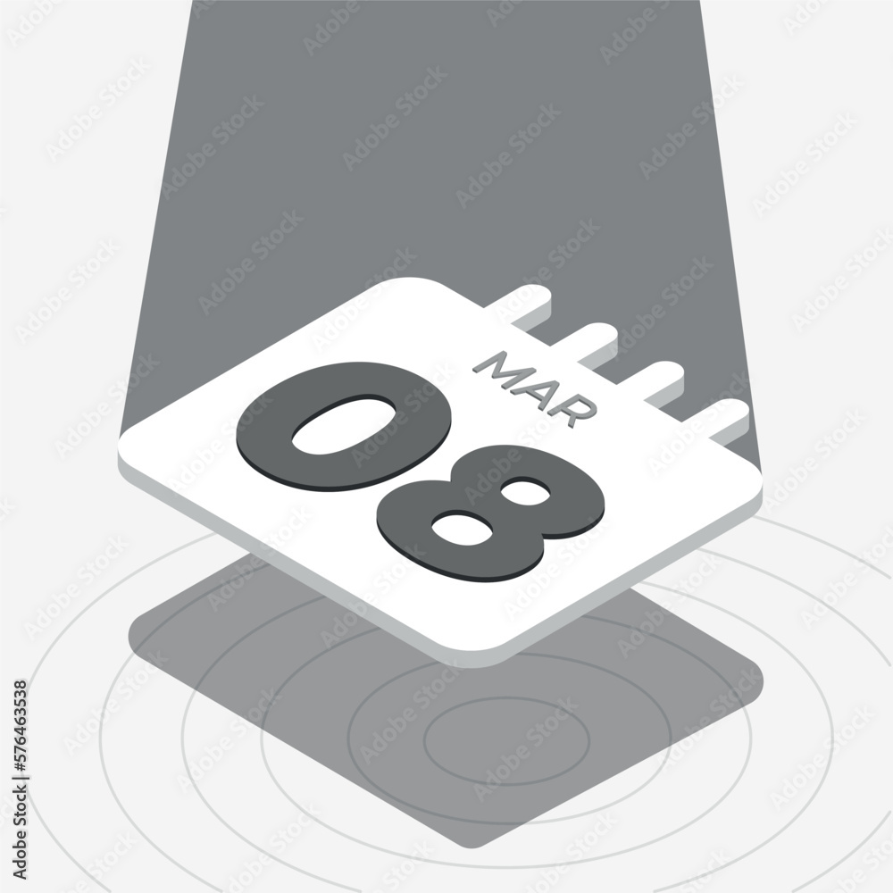 March 8 - Black and white 3D calendar floating with spotlight on white background March 8 - Black and white 3D calendar floating with spotlight on white background