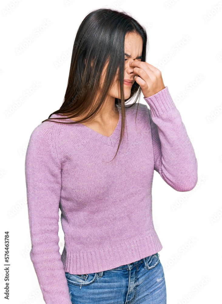 Young hispanic girl wearing casual clothes tired rubbing nose and eyes feeling fatigue and headache. stress and frustration concept.