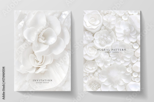 Wedding invitation with beautiful white orchid flower pattern. Floral elegant light vector background useful for celebration bridal shower invite card, anniversary, save the date design template
