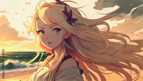 The anime art presenting blonde girl on the beach during windy day