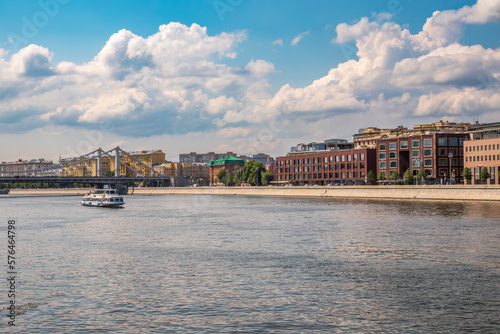 Photography Krymsky Bridge or Crimean Bridge in Moscow and Cruise ship sails on the Moscow r