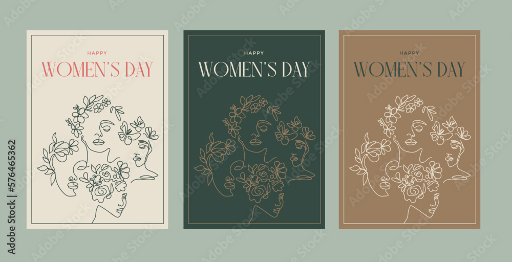 Happy International Women's Day card. Abstract woman face with flowers line drawing. Minimalist female portrait boho style poster design. 8 march. Happy International Women's Day card. Abstract woman face with flowers line drawing. Minimalist female portrait boho style poster design. 8 march.
