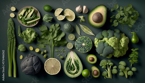Many different green vegetables on dark green background. Healthy food top view. Ai generative
