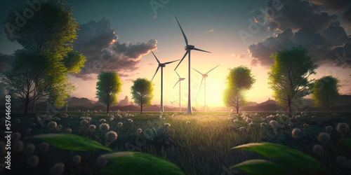 Front view of wind turbines on the flowering meadow: A wind farm concept at blue hour. Generative AI.