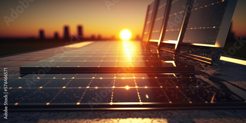 Side view of solar energy panels and sustainability concept illustration with sunset background