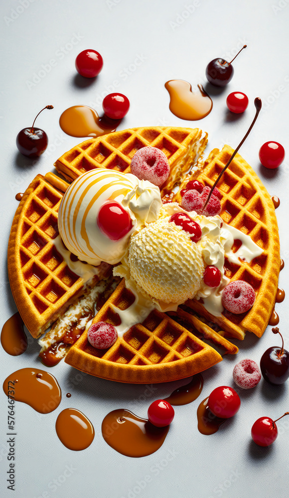 Top View of Delicious Viennese Waffle with Candied Fruit and Cherry Ice Cream on a white background. Illustration. Generative AI.