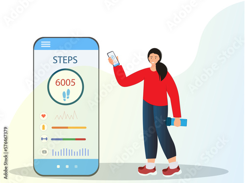 Woman using mobile app for counting steps and sport training, online fitness concept, healthcare concept, using a mobile application, flat vector illustration