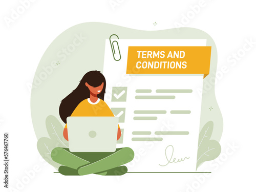 Contract illustration . Character gets acquainted with the legal document, electronic contract or agreement online. Person reads and signs the terms of the contract. Flat vector illustration.