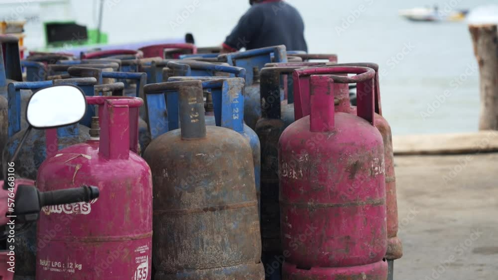 Rows of empty LPG Gas bottles are located at Tengkayu 2 Port, Tarakan, Indonesia