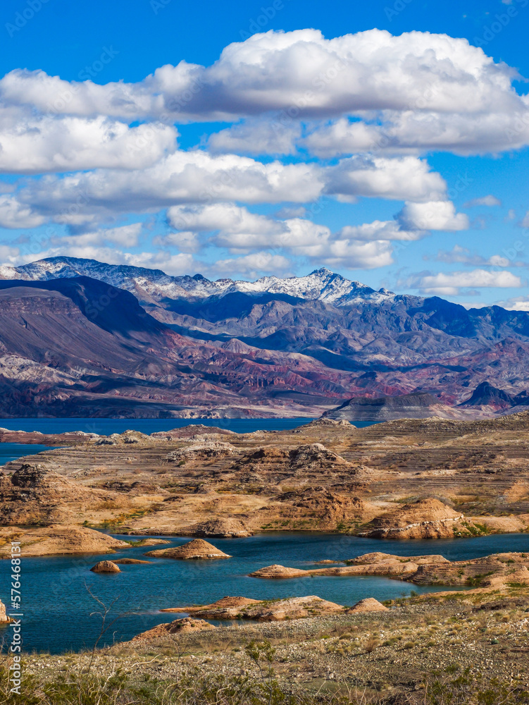 Lake Mead with record low water level, shot in Feb 2023