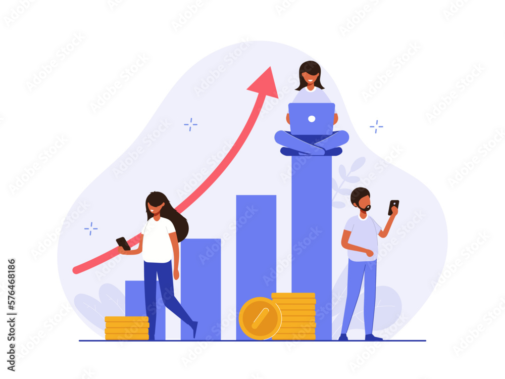 Analyst looks graph of earnings growth. Marketing data analysis. Business profit report. Successful investment of capital or money. Modern flat colorful vector illustration for banner, poster.