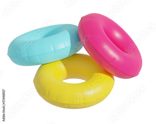 Inflatable swim tubes in isolated background, 3d rendering. Swimming rings in bright colours, concept of summer, holidays and sea vacation