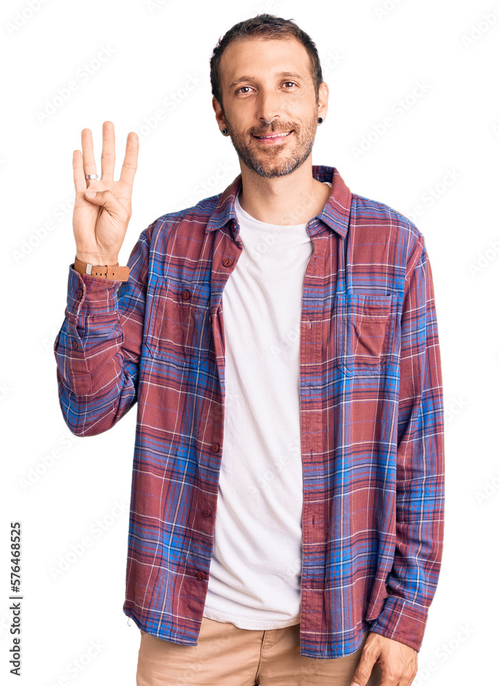 Young handsome man wearing casual clothes showing and pointing up with fingers number four while smiling confident and happy. Young handsome man wearing casual clothes showing and pointing up with fingers number four while smiling confident and happy.