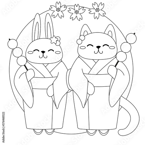 a rabbit and a cat in a kimono eats dango. japanese traditional sweets coloring page 