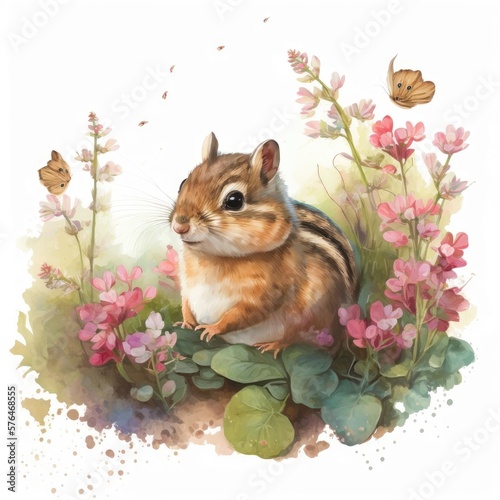 A delightful watercolor painting of a fluffy little chipmunk Generative Ai