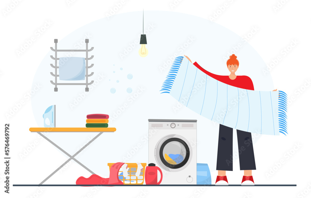 Woman washing her clothes in the laundry room with washing machine, clothes, towels, household concept, Laundry room furniture, flat vector illustration