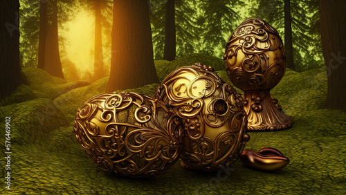 Creative concept applied art surrealistic easter eggs in alpine forest as steampunk style. AI generative AI.