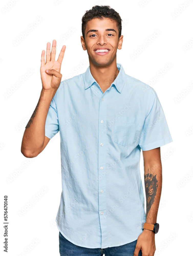 Young handsome african american man wearing casual clothes showing and pointing up with fingers number four while smiling confident and happy. Young handsome african american man wearing casual clothes showing and pointing up with fingers number four while smiling confident and happy.