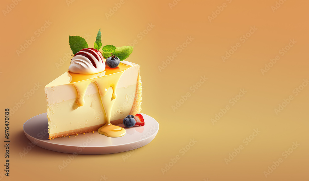 A slice of classic New York cheesecake on a plate. Close-up view. Tasty