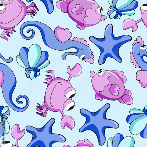 Cute underwater animals and seashells on a light blue background. Childish seamless pattern. Cartoon vector illustration for textile, print, wallpaper.