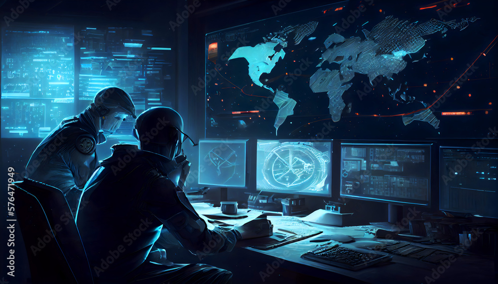 Hacker using computer with binary code and map on digital interface, cyber war hacking and malware concept, Generative AI