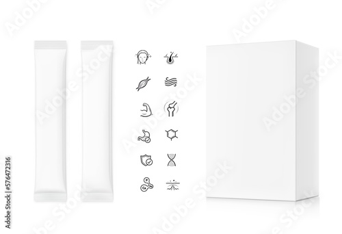 Realistic stick bar mockups with cardboard box for products. Vector illustration isolated on white background. Possibility use for granulated, jelly, powder or liquid products. EPS10.