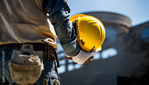 Construction worker holding his helmet while looking at construction site. Occupational Safety and Health (OSH)  © 50photography