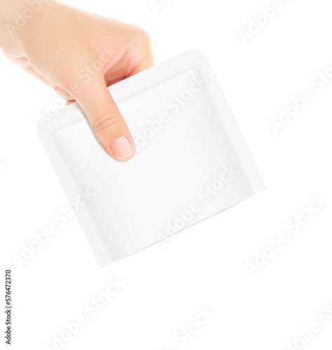 The hand holds the torn pouch bag. Vector illustration isolated on a white background. Can be used to present your product. EPS10.	
