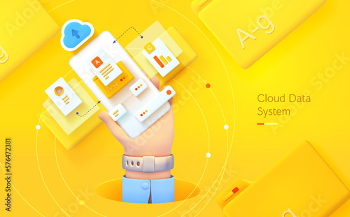 Document management. The hand is holding the phone. Mobile application for data analysis and accounting. File management. Electronic document management. Vector illustration 3d style