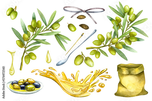 Set of olive oil, watercolor hand drawn, isolated elements provence italy greece food kitchen cooking for restaurant menu, product packaging, textiles, towel.