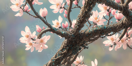 Closeup of blossoming sakura tree branches with fresh flowers. Ornated and stulized. AI generated illustration photo